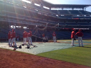 The view of batting practice from the dugout